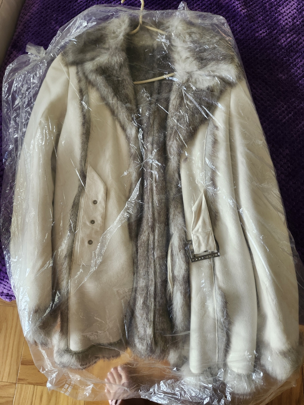 Women's Cream Faux Fur-Trim Coat